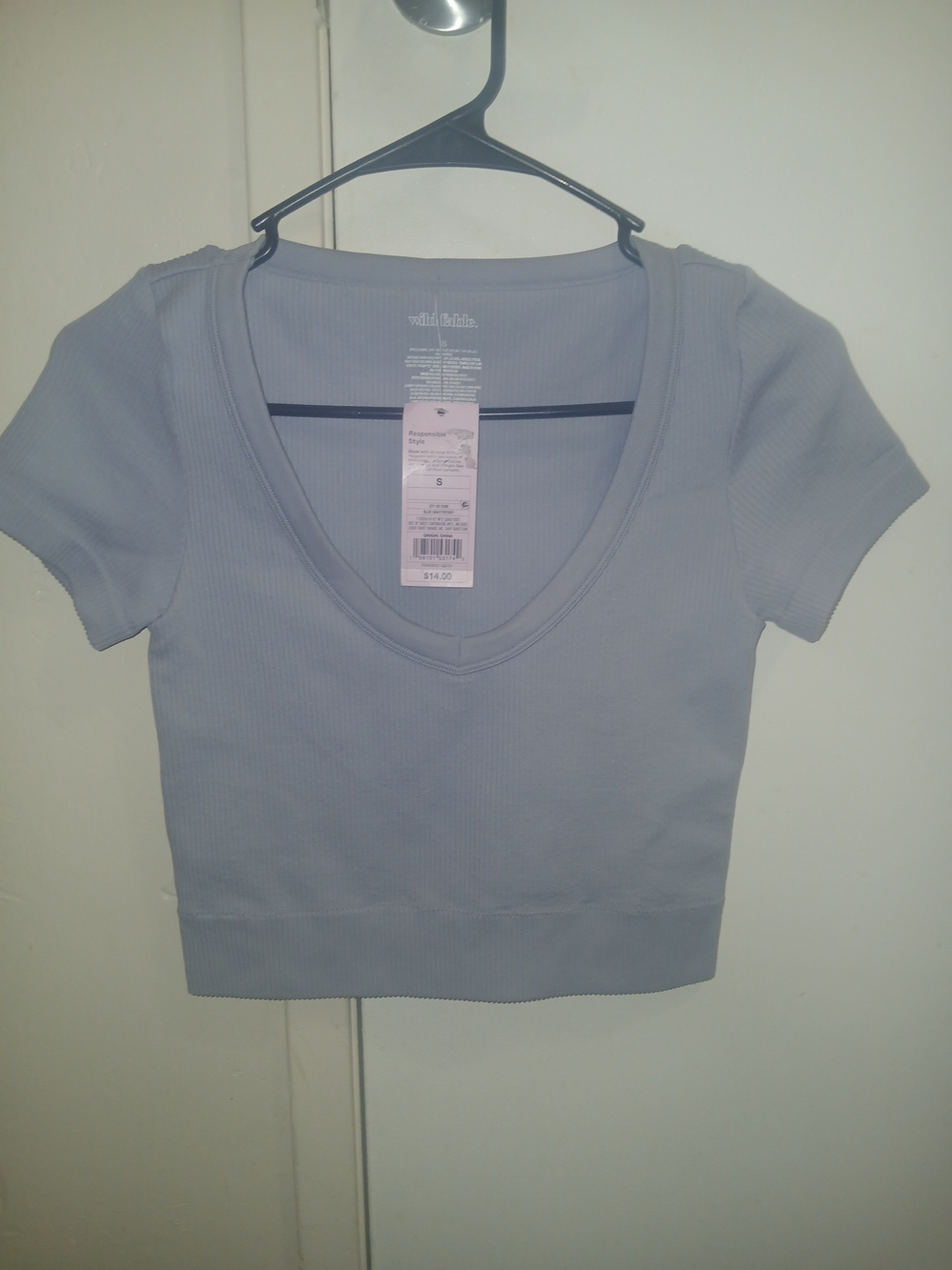 Ribbed V-Neck Crop Top - Light Gray